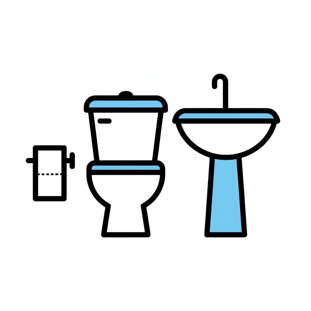 Et toilet ved siden af en håndvask med vandhane, og en rulle toiletpapir på væggen ved siden af.