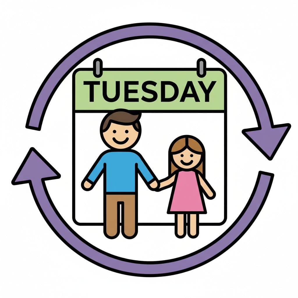 A calendar shows 'Tuesday' with a father and daughter holding hands, surrounded by a circular arrow indicating a recurring routine.
