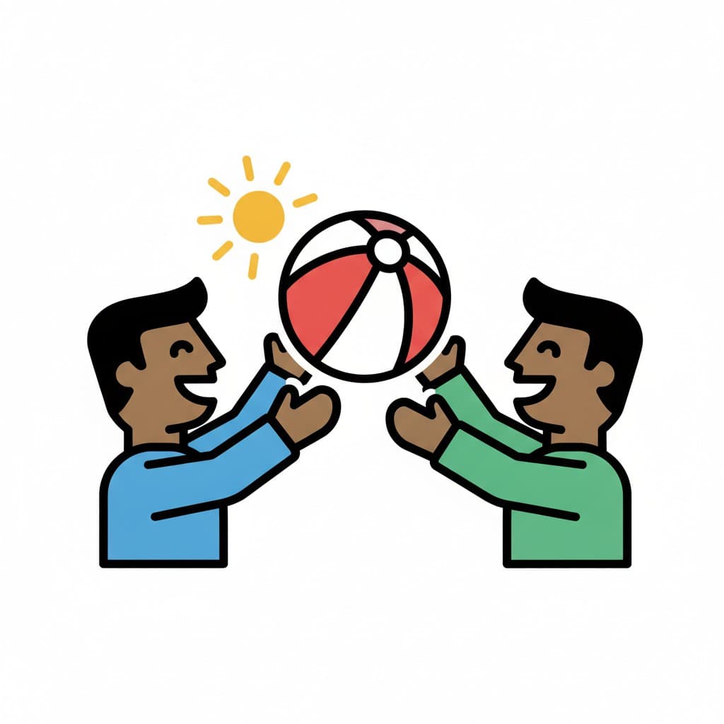 Two people play with a red and white ball outside in the sun.