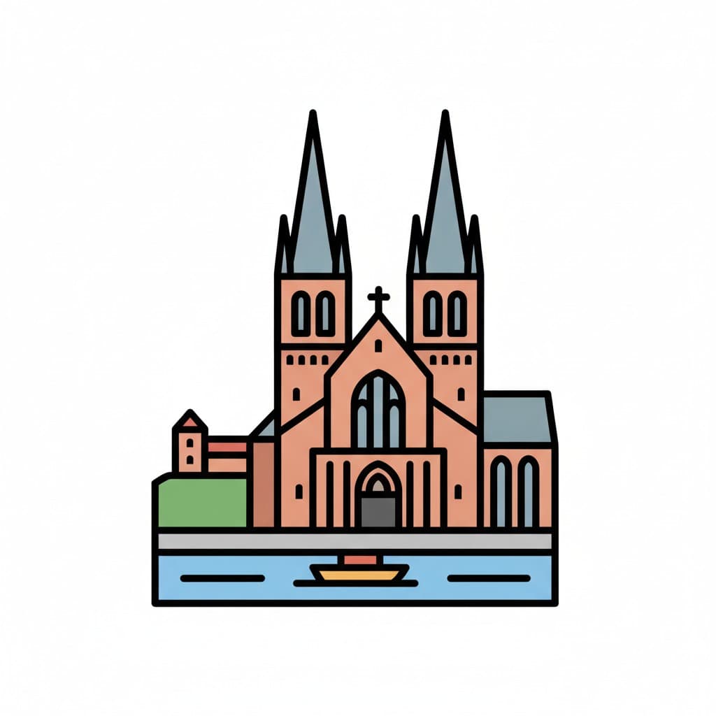 Drawing of a twin-spired cathedral beside water, standing for the city of Uppsala.