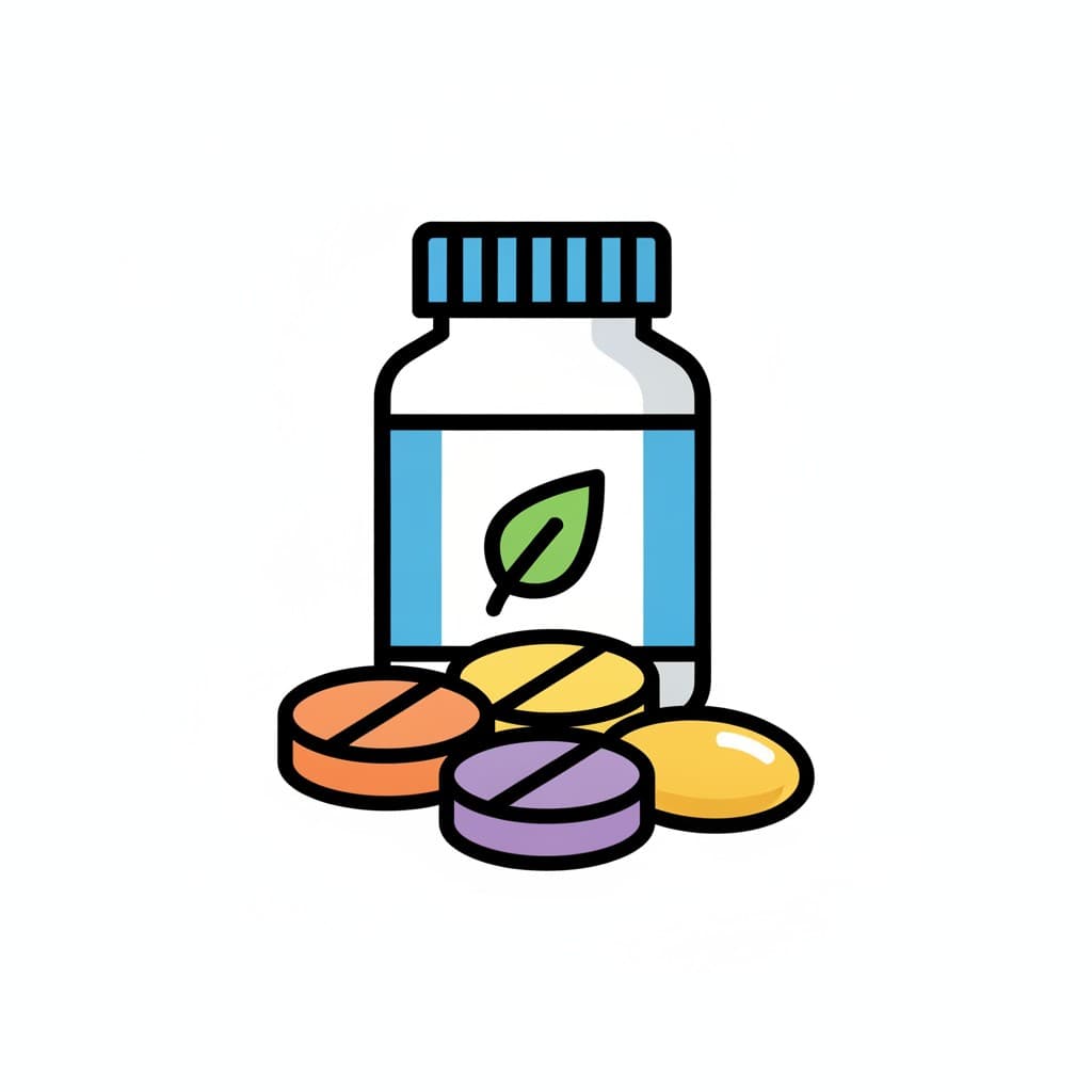 En vit burk med blå etikett och fyra färgglada vitamintabletter framför.