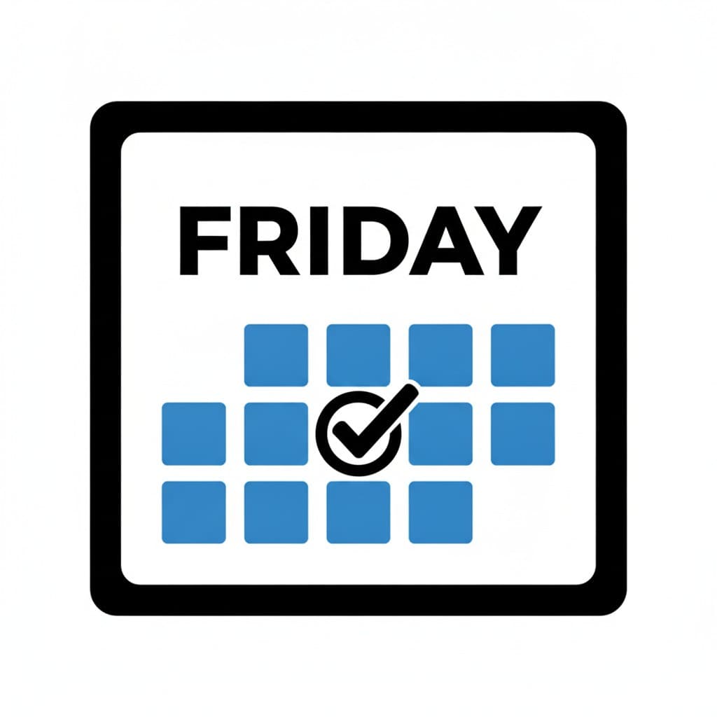 A calendar sign spells the weekday in large capitals above blue squares, one of which carries a check mark.