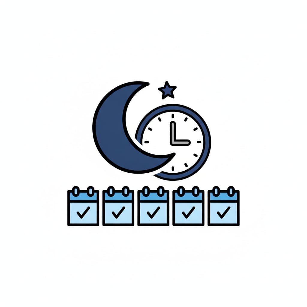A crescent moon and a clock above five calendar days marked with check marks.