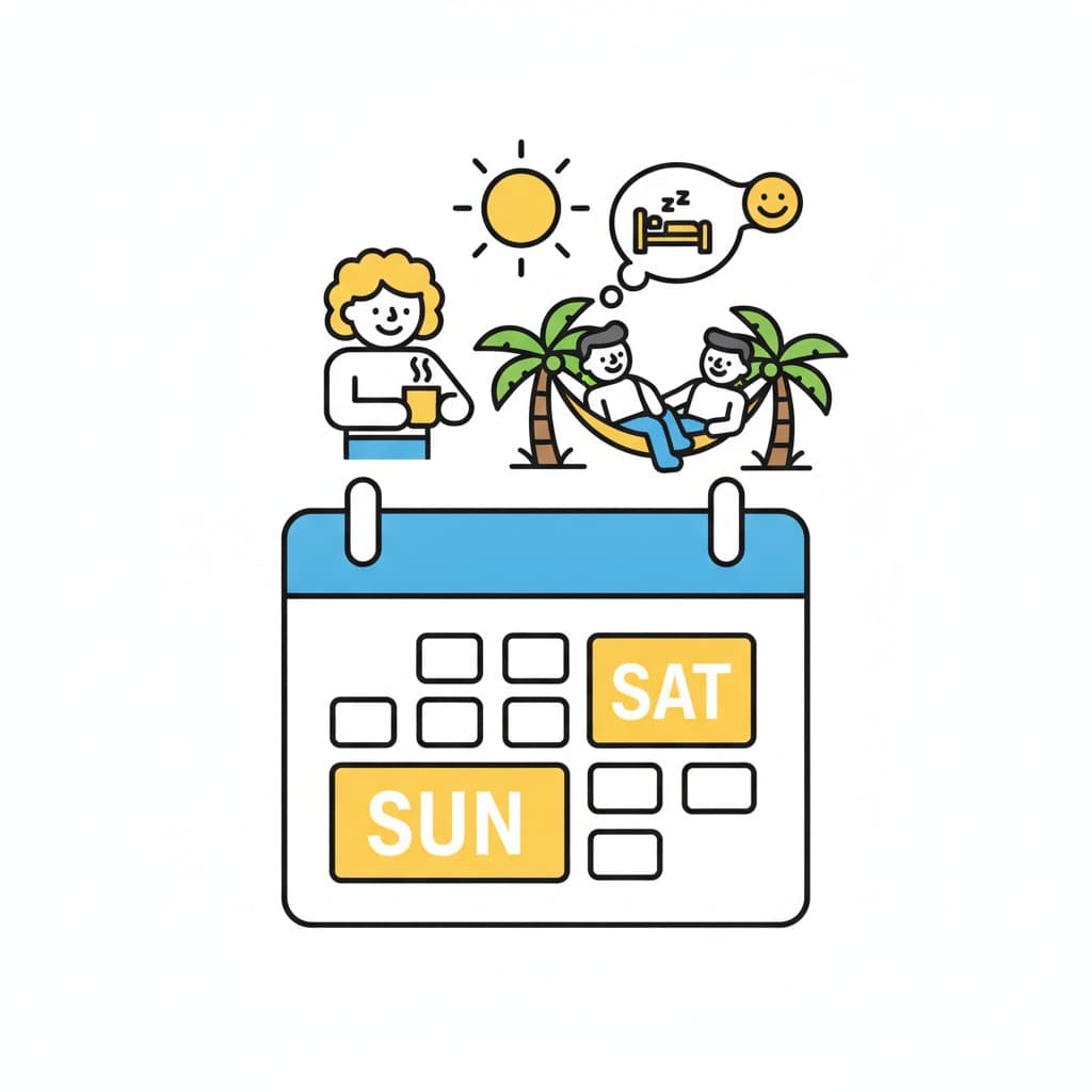 Lördag och söndag är markerade i kalendern medan personer vilar i en hängmatta i solen.