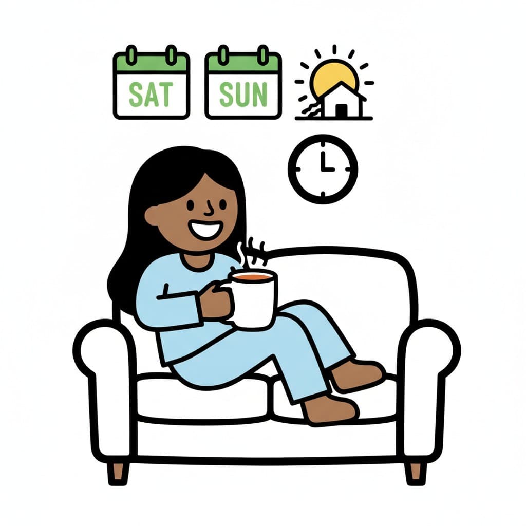 En person kopplar av i en soffa med en varm dryck, med SAT och SUN kalendrar och en sol.