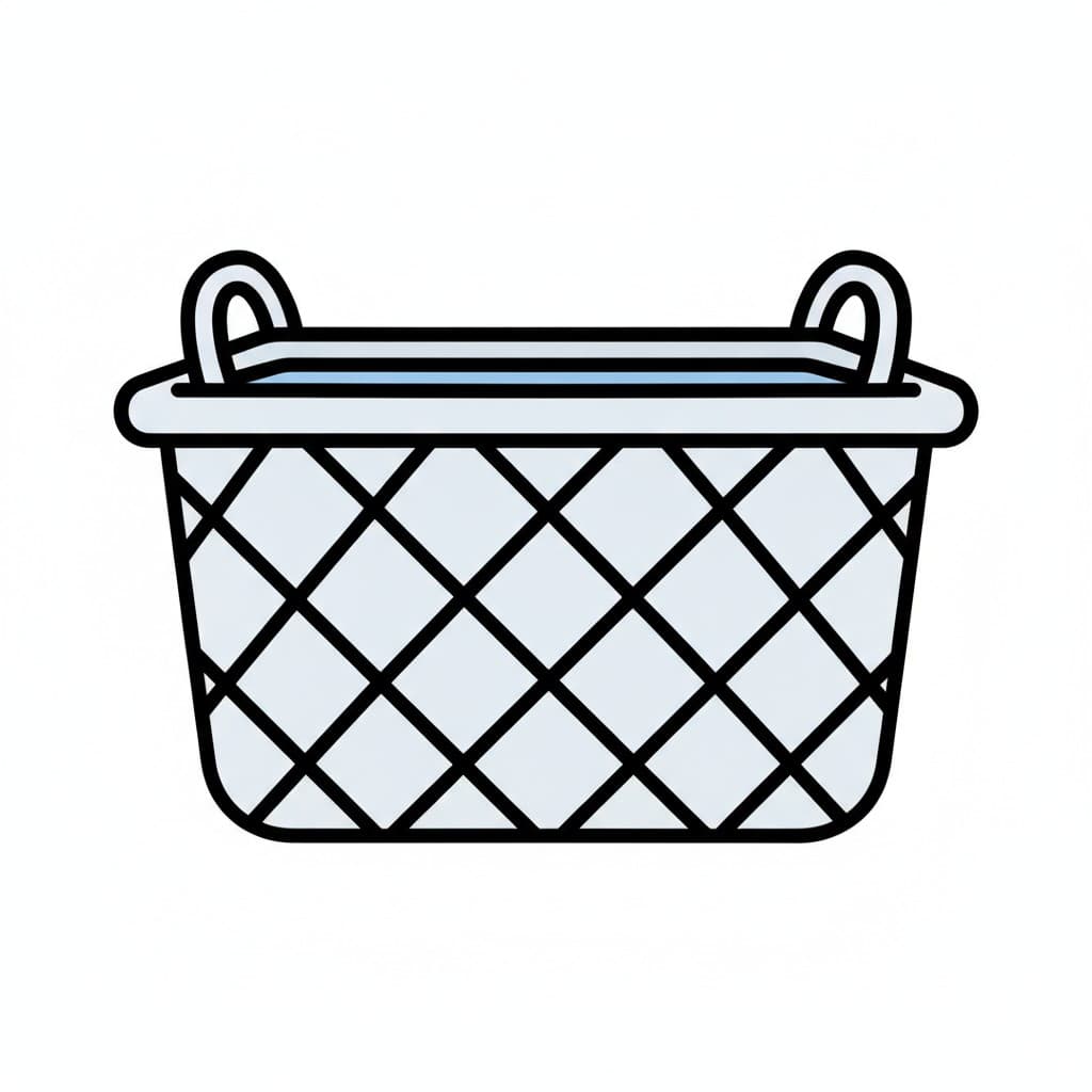 An empty white laundry basket with a lattice pattern and handles.
