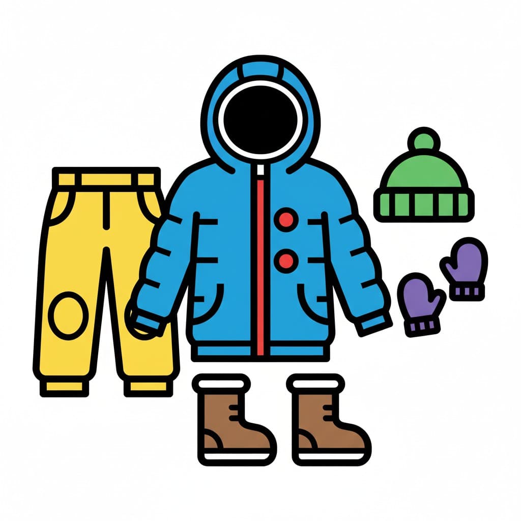 Laid out together are a blue hooded winter jacket with a red zipper, yellow snow pants, a green beanie, purple mittens, and a pair of brown boots.