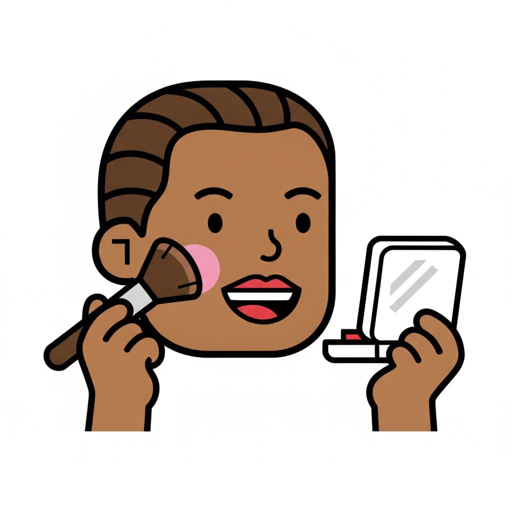 Close view of a woman applying blush with a brush while holding up a small mirror.