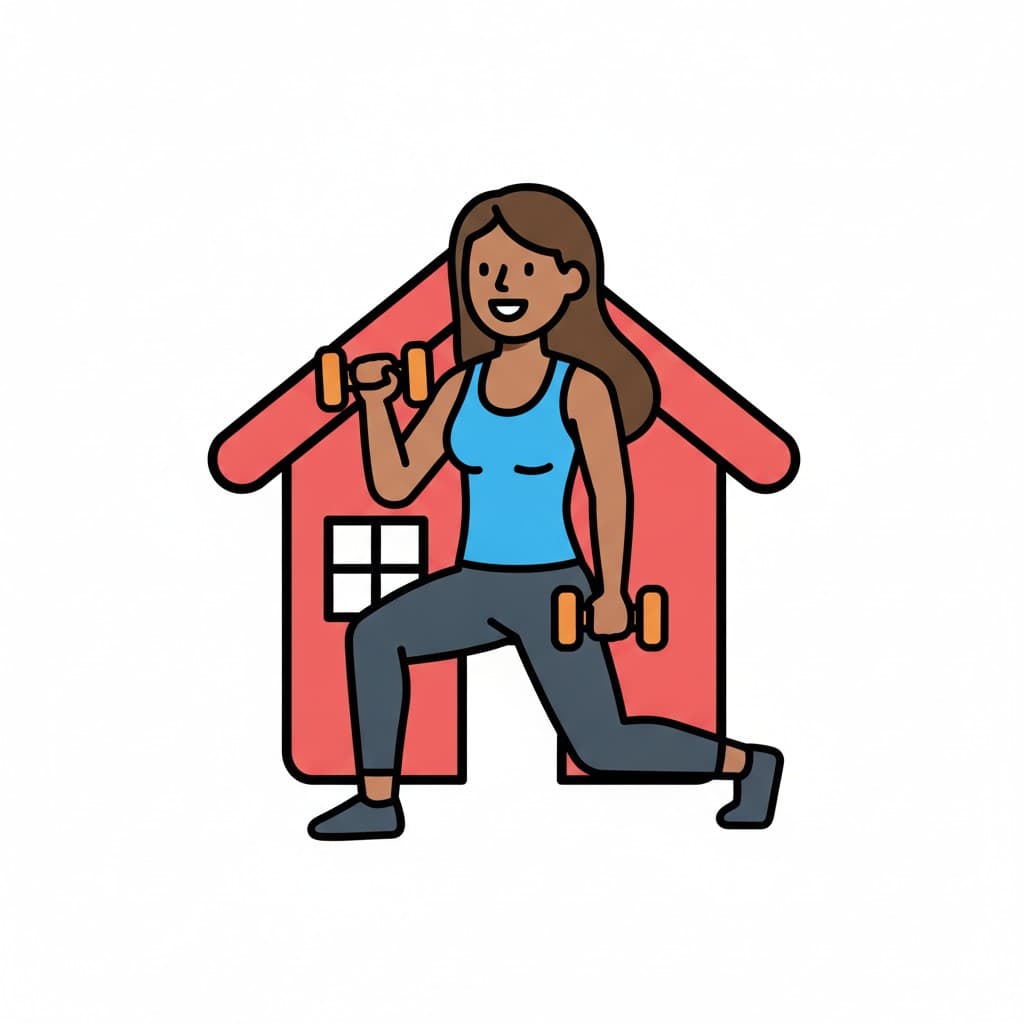 A woman in workout clothes does a lunge holding dumbbells at home.