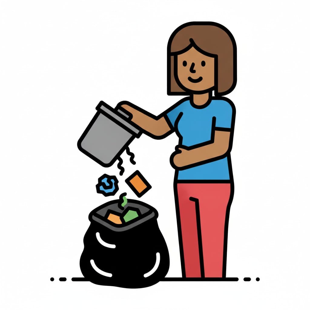 A woman in a blue t-shirt turns a grey wastebasket upside down over a black rubbish bag standing on the floor.