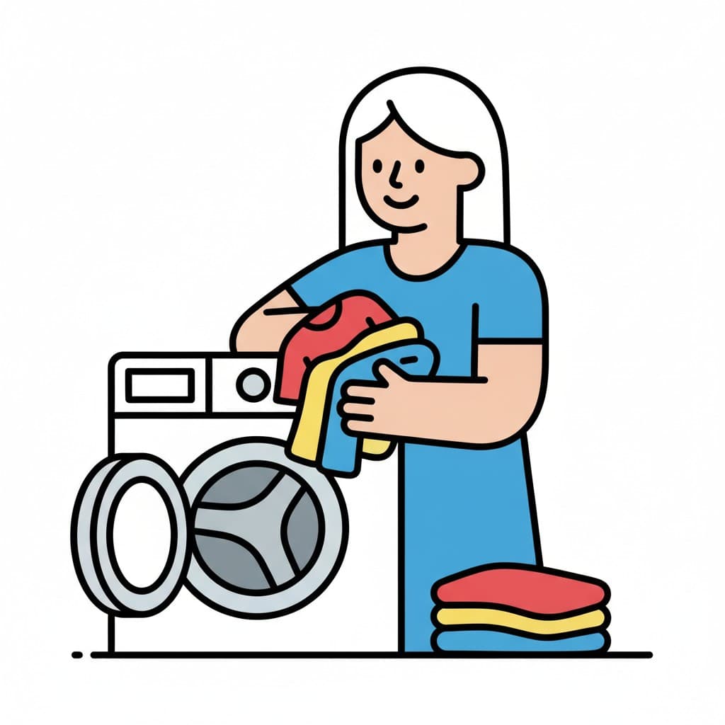 A woman in a blue top holds red and yellow garments in front of an open front-loading washing machine.