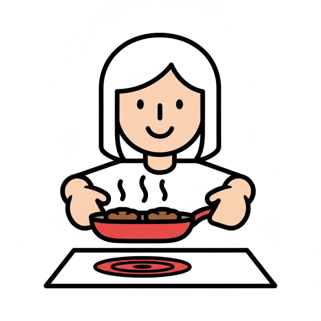 Eine Frau hält eine rote Pfanne mit dampfendem Essen über eine Herdplatte.