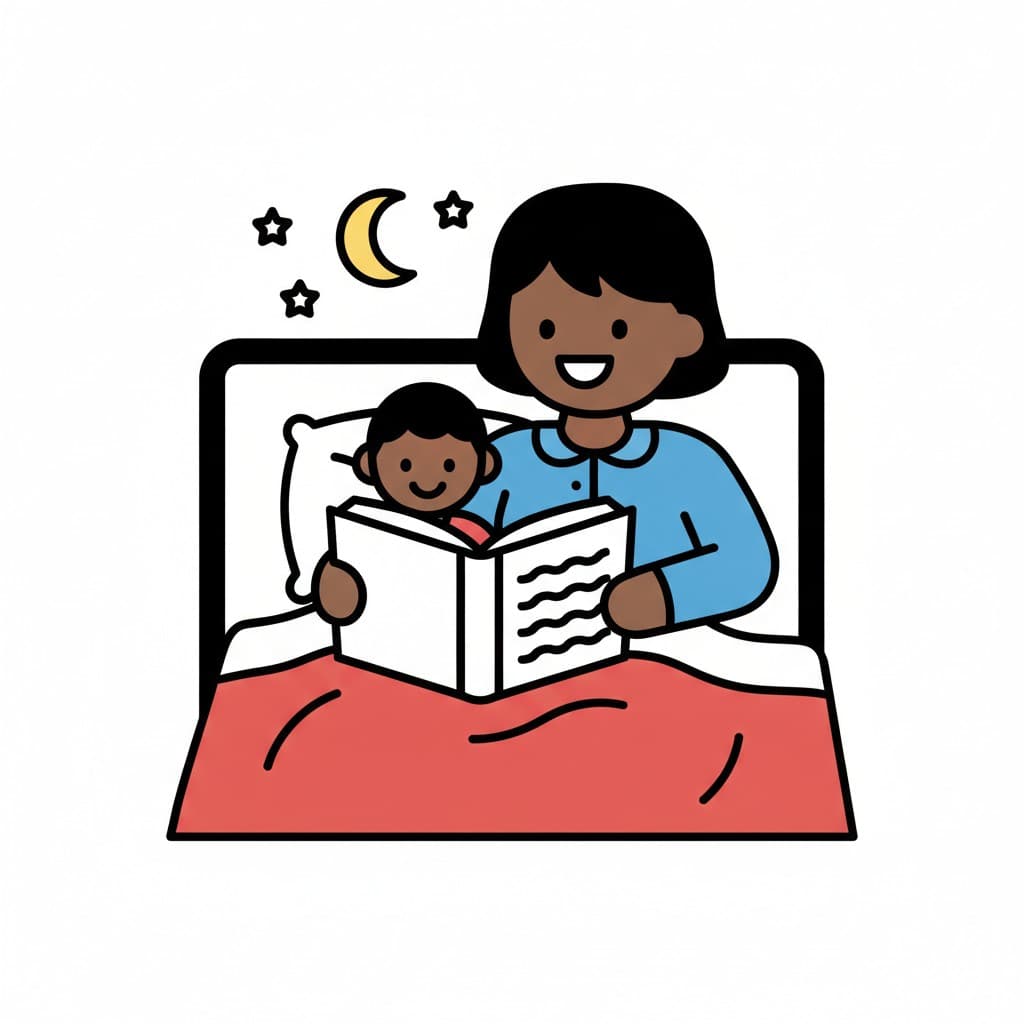 A smiling woman in a blue shirt reads from a book together with a child lying under a red duvet, with a moon and stars above the bed.