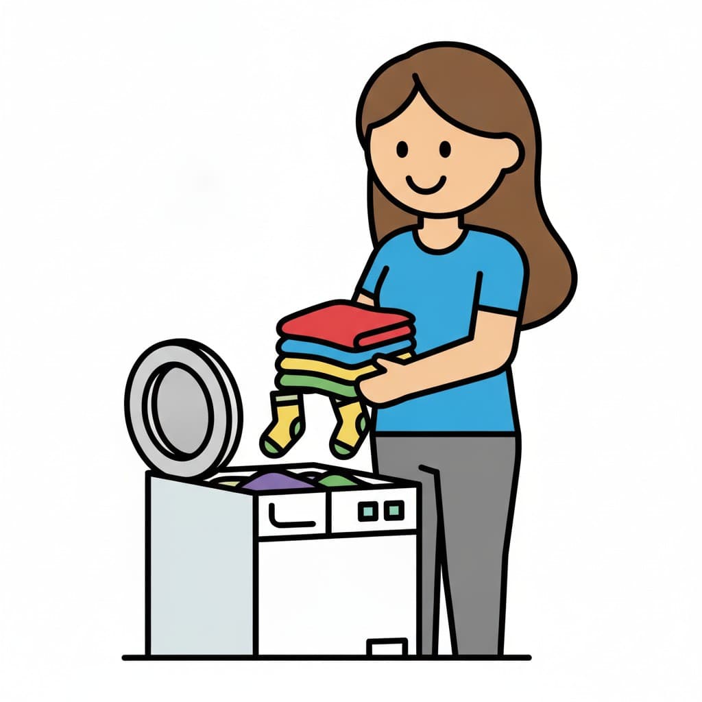 A smiling woman lowers a stack of folded colorful clothes into an open washing machine.