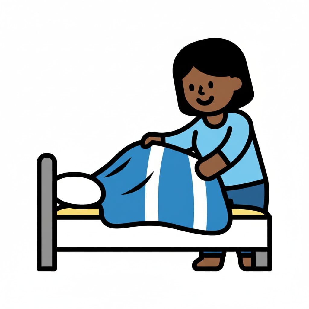 En person bäddar en säng med ett blått täcke.