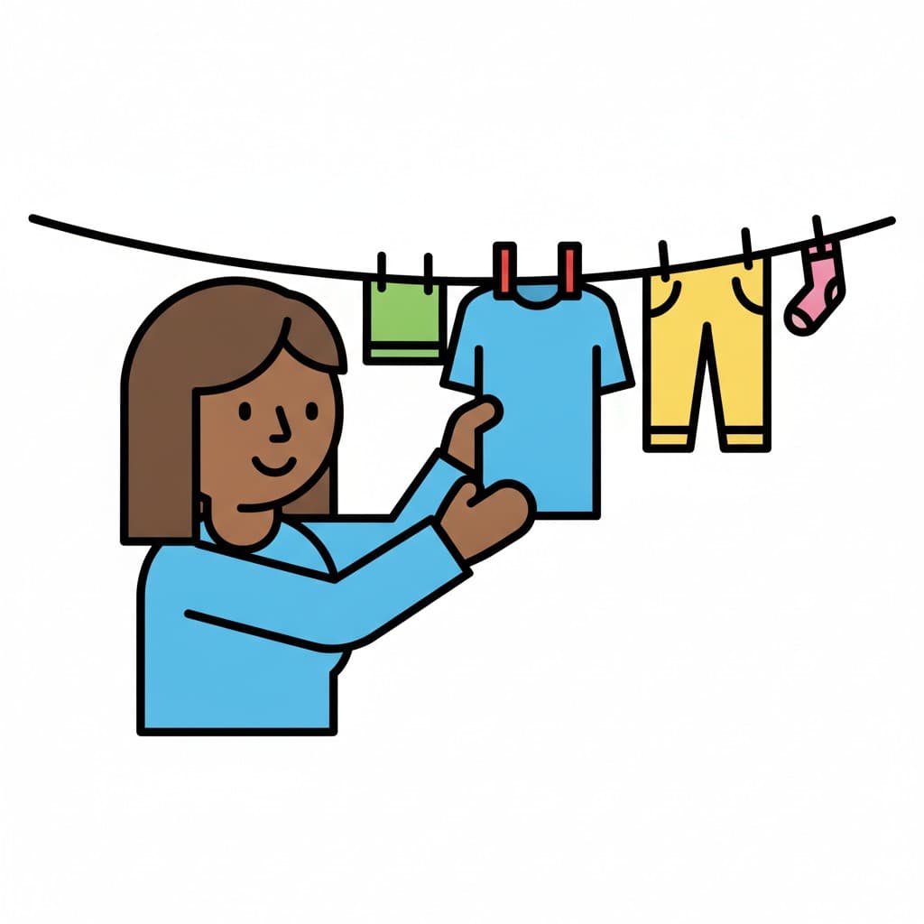 En kvinna med långt hår sträcker sig upp och hänger en blå t-shirt på tvättlinan, där en grön trasa, gula byxor och en rosa strumpa redan hänger.