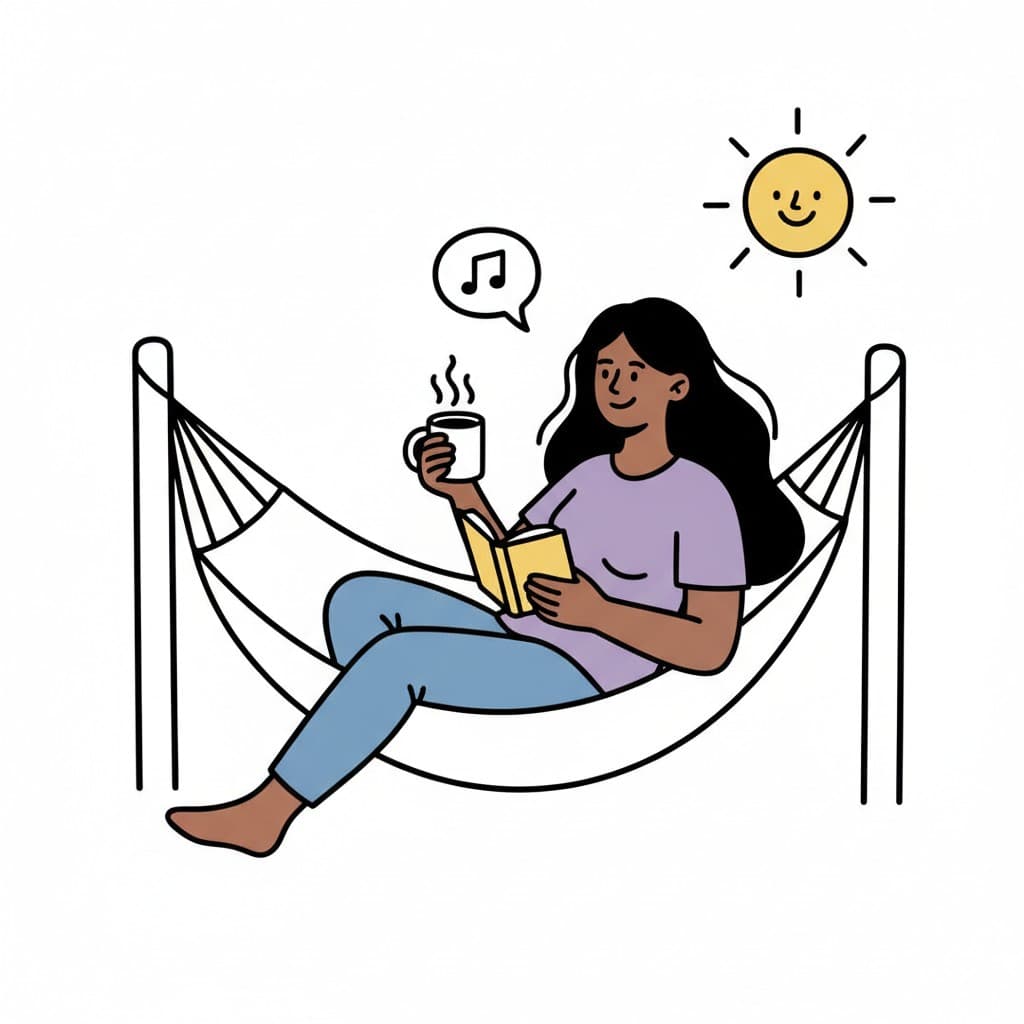A woman lies in a hammock with an open book and a steaming mug while the sun shines and a music note floats in a speech bubble.