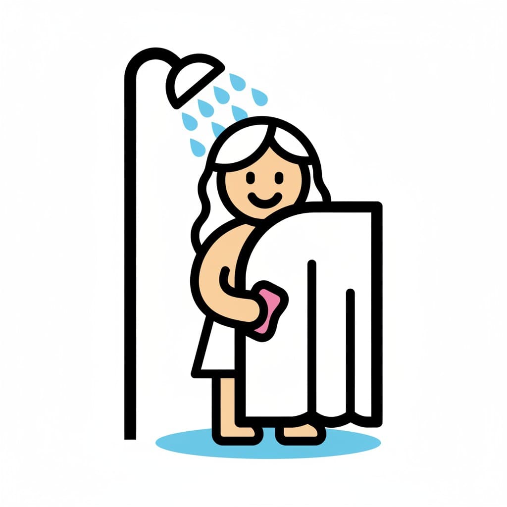 En illustration av en kvinna som duschar under ett duschmunstycke med vattendroppar.