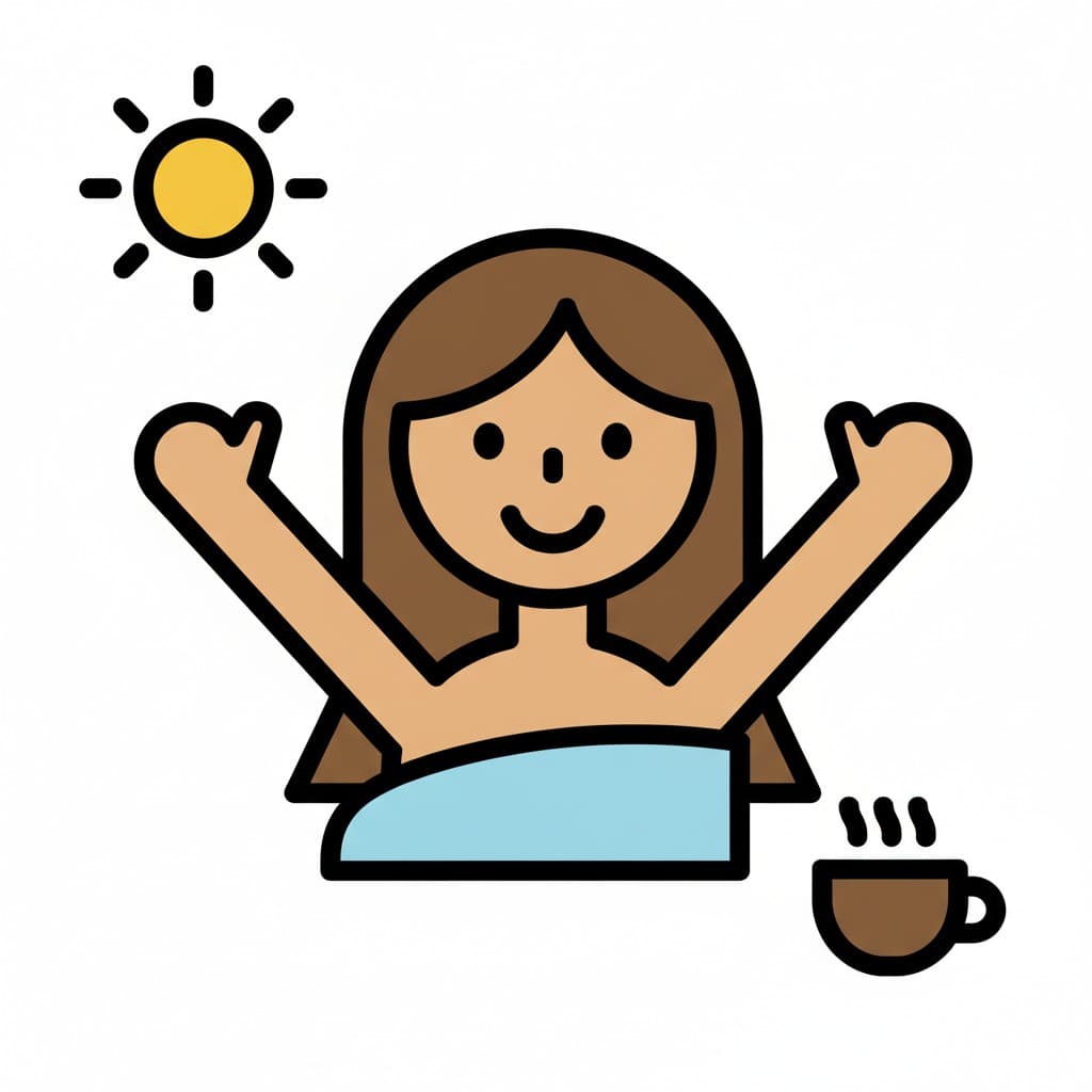 A long haired woman reaches both arms upwards while a yellow sun shines in the corner and a steaming cup of coffee stands beside her.