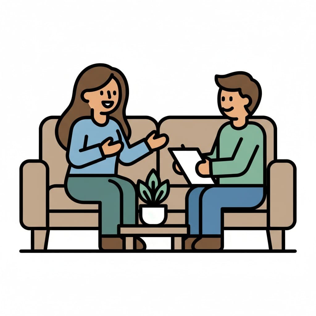 En kvinna sitter i en soffa och berättar något medan en terapeut lyssnar och antecknar på ett skrivbräde.