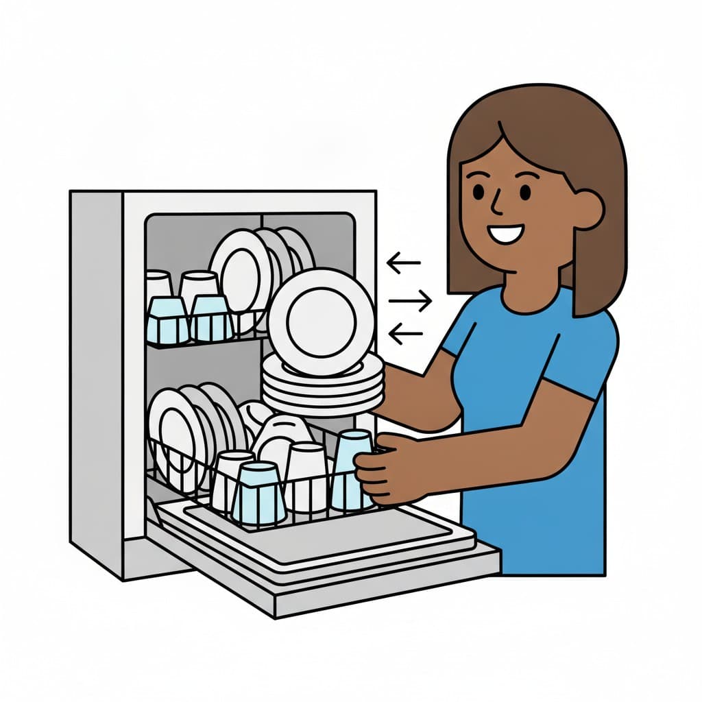A woman in a blue top lifts a stack of plates and some cups out of the dishwasher, with arrows showing the direction.