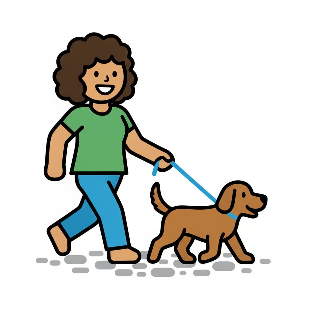 En kvinna i grön t-shirt går över kullersten med hunden i blått koppel.