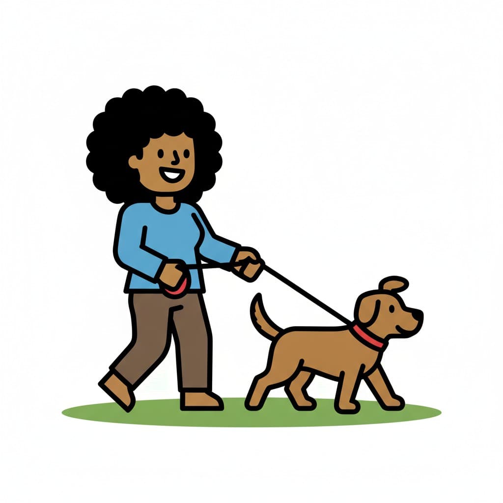 En kvinna i blå tröja går över gräset med en brun hund i koppel.