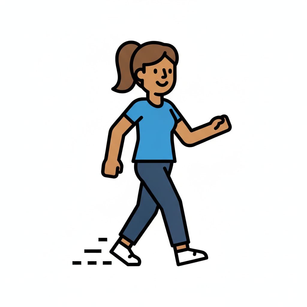 A woman with a ponytail strides forward in a blue t-shirt and dark trousers.