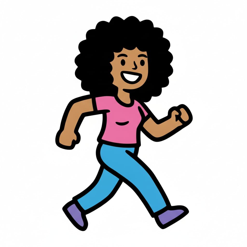 A smiling woman in a pink top and blue jeans takes long steps forward.