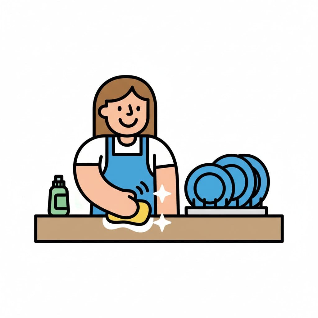 A woman in a blue apron wipes the kitchen counter with a yellow sponge, with washing-up liquid and blue plates in a drying rack beside her.