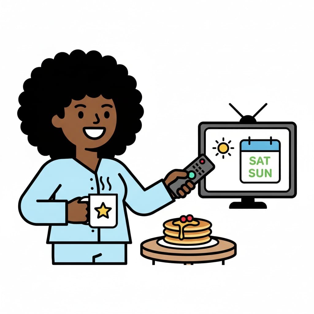 En leende kvinna i ljusblå pyjamas håller en varm mugg och riktar fjärrkontrollen mot en tv som visar en sol och en kalender med SAT SUN, medan pannkakor står på ett litet bord.