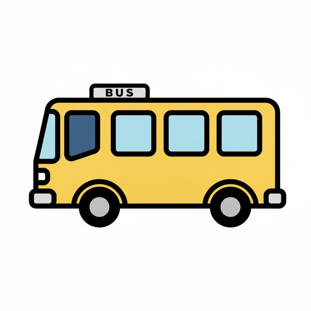 En gul bus set fra siden med lyseblå ruder og et skilt på taget.