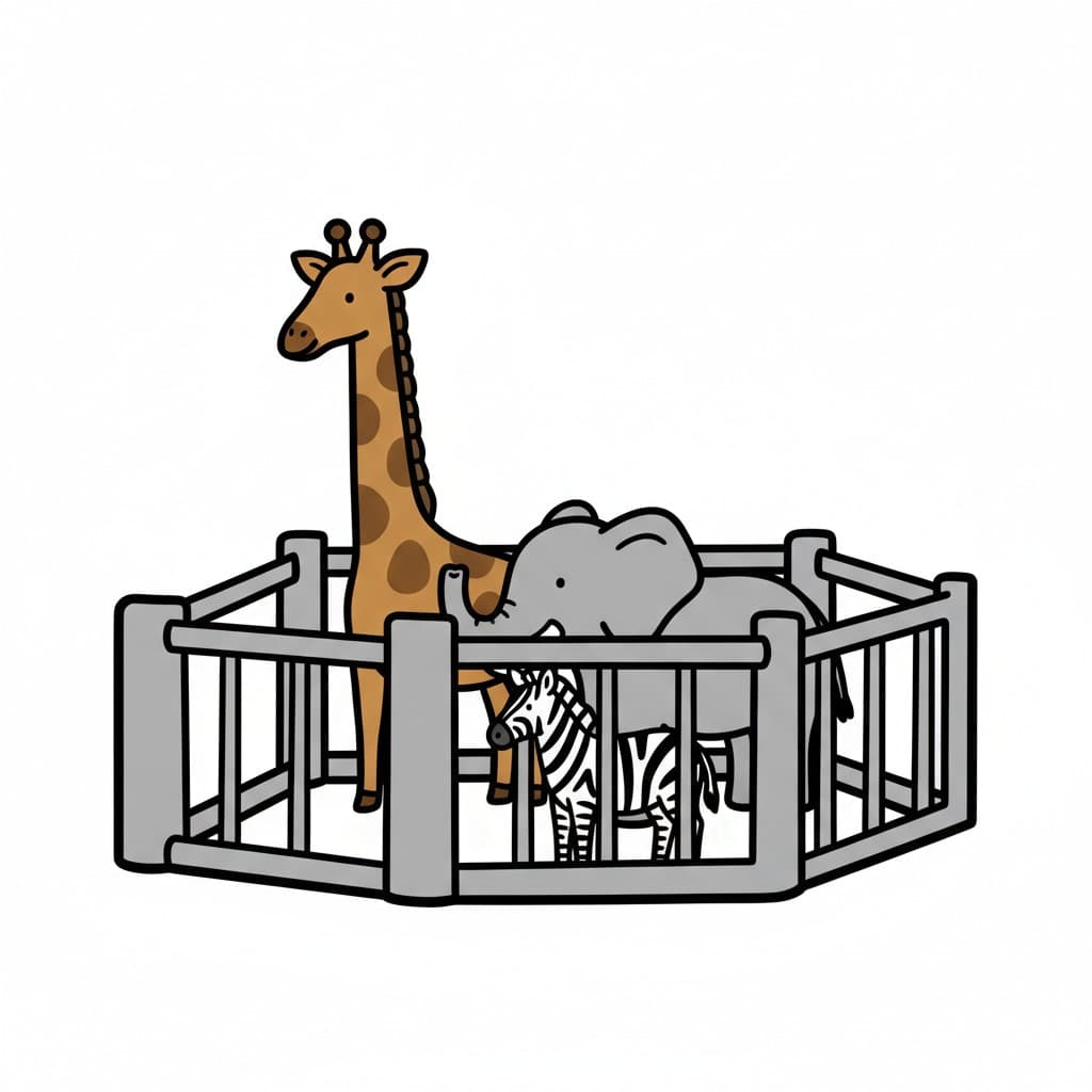 A zoo enclosure with a giraffe, elephant and zebra.