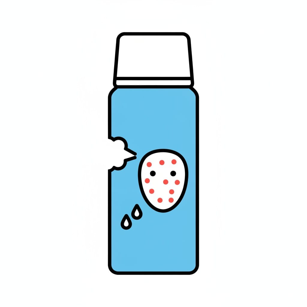 En blå sprayflaska sprutar mot ett ansikte med röda prickar.