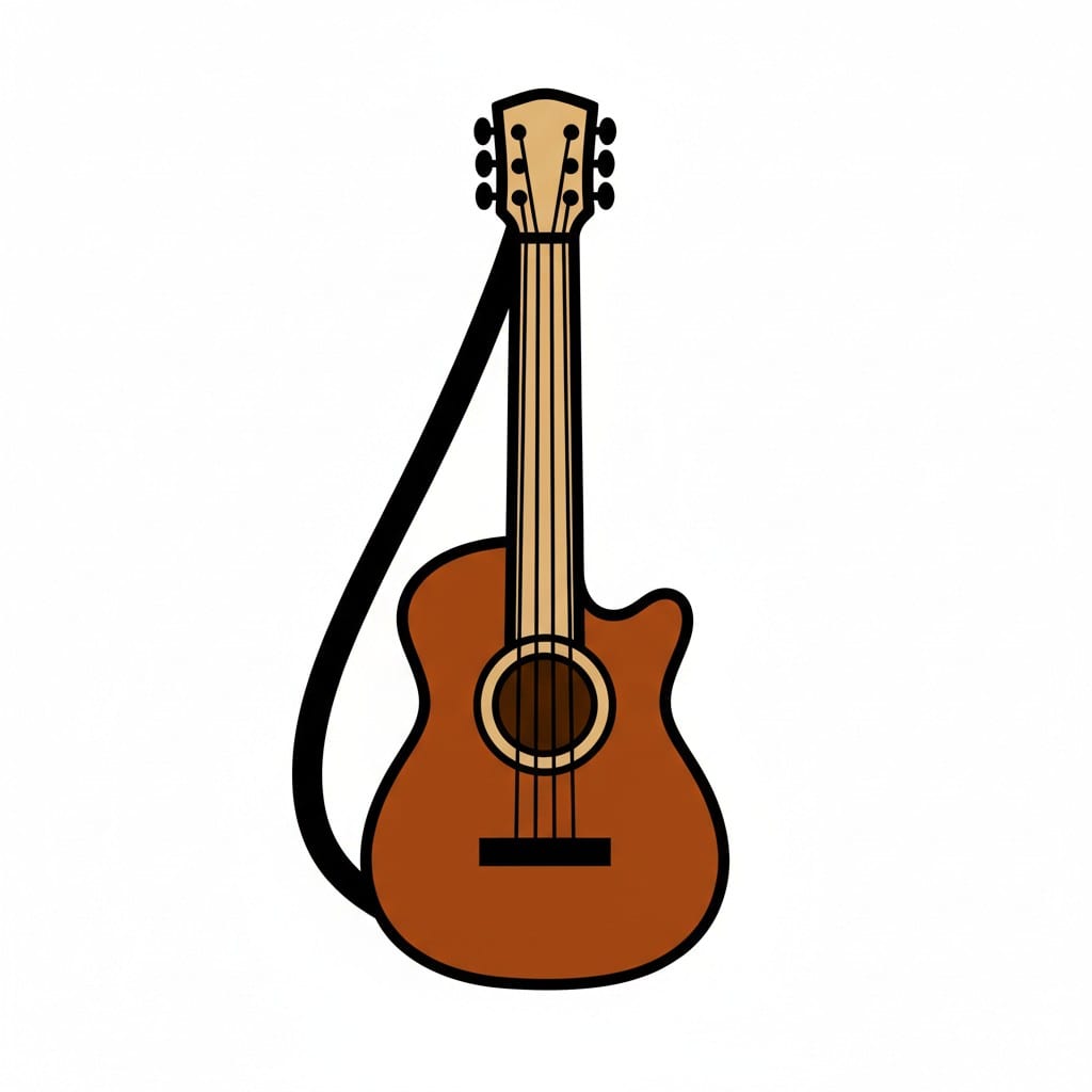An acoustic guitar with a strap.