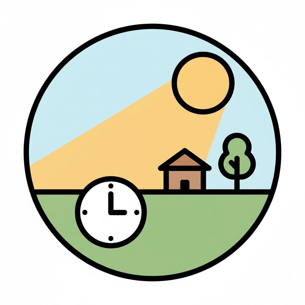 Een landschap met een huis en een boom onder een schijnende zon, dat de dag voorstelt. Een kleine klok op de voorgrond geeft de middag aan.