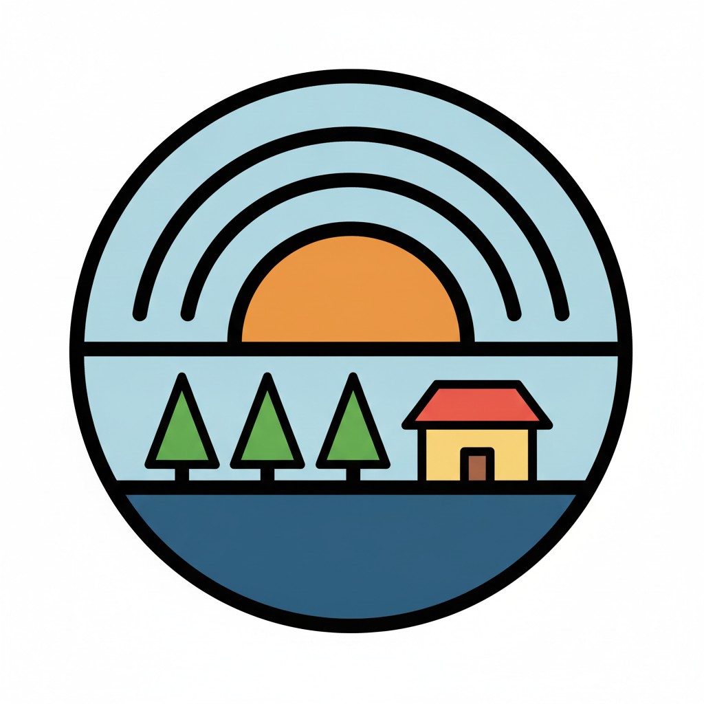 Ein rundes Symbol mit der Sonne über Bäumen und einem Haus.