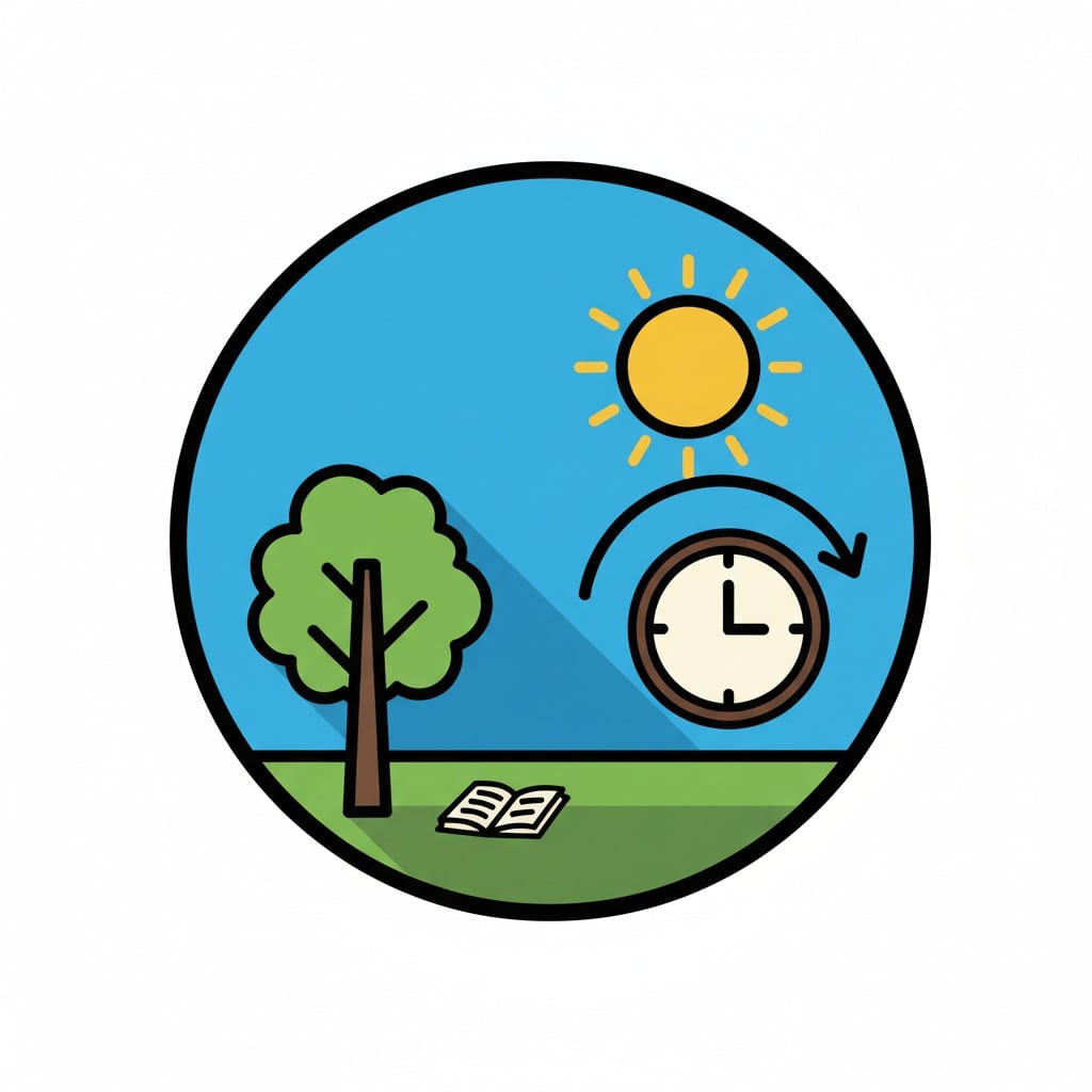 Een ronde afbeelding met een klok die de tijd laat verstrijken, een zon, een boom en een opengeslagen boek in het gras.