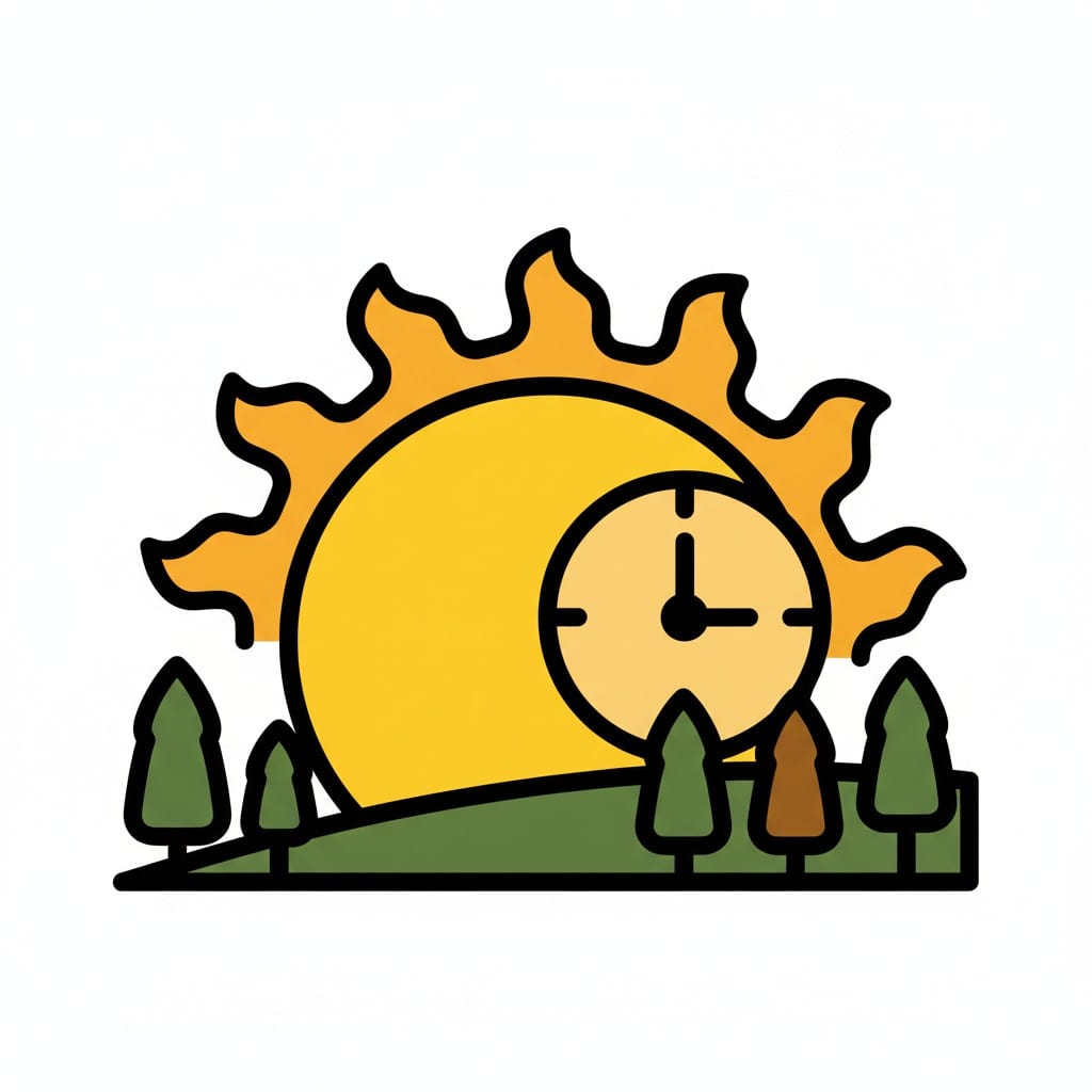 Een tekening van een grote zon boven een groene heuvel met bomen, met een klok voor de zon die de middag aangeeft.