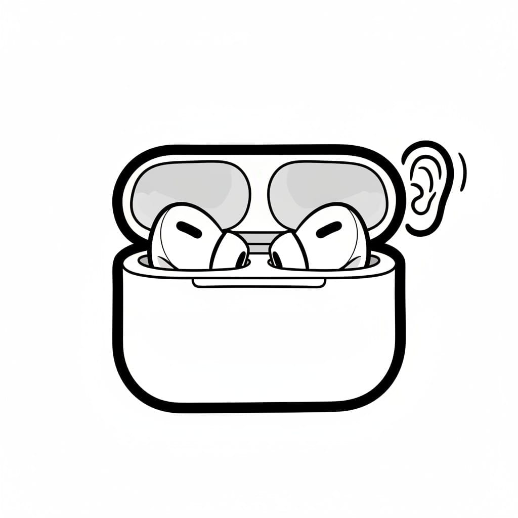 Een setje Airpods in het oplaaddoosje met een pictogram van een oor ernaast.