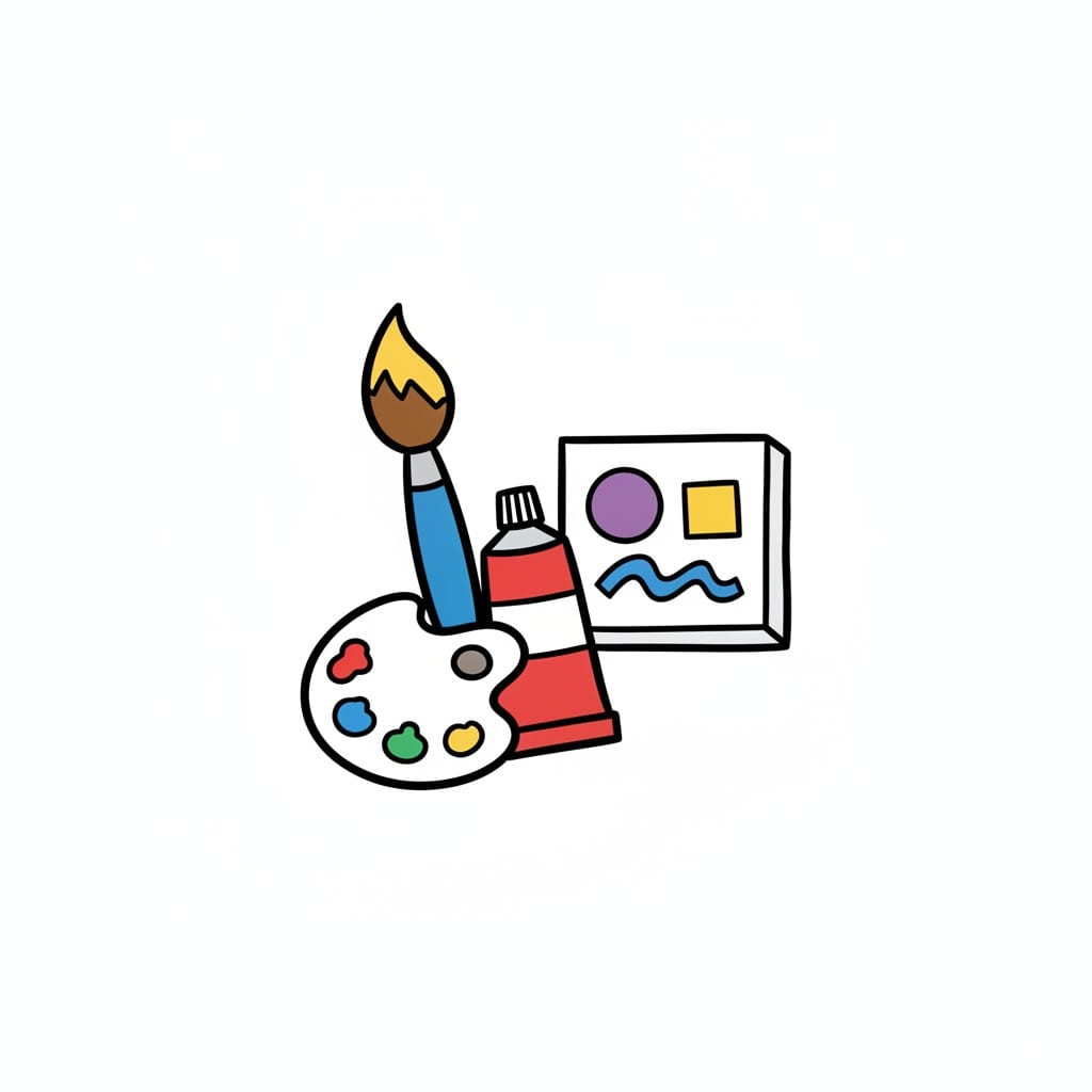 Een kwast, een palet, een tube verf en een schilderij met vormen.