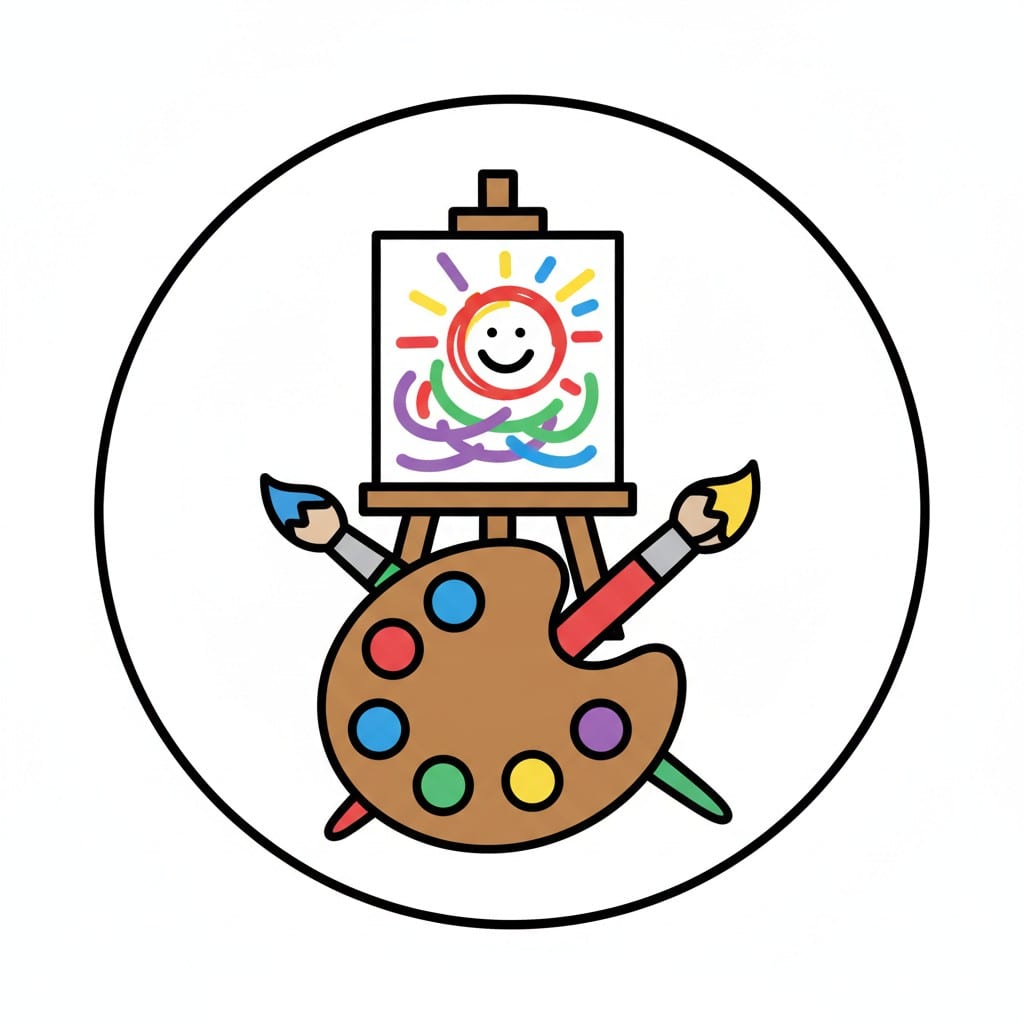 Een ronde button met een schildersezel, een palet en kwasten en een kleurige tekening.