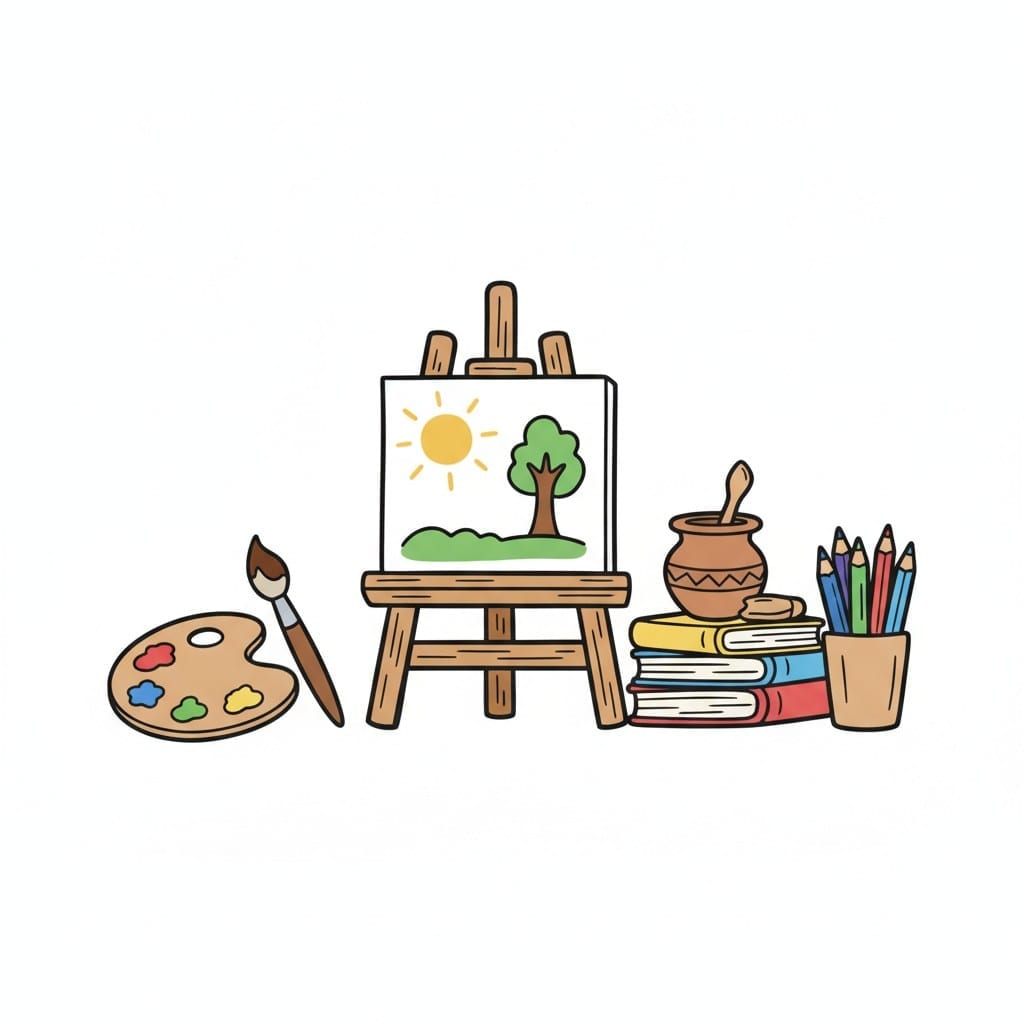 Een schildersezel met een schilderij van een zon en een boom naast een palet, een kwast en boeken.