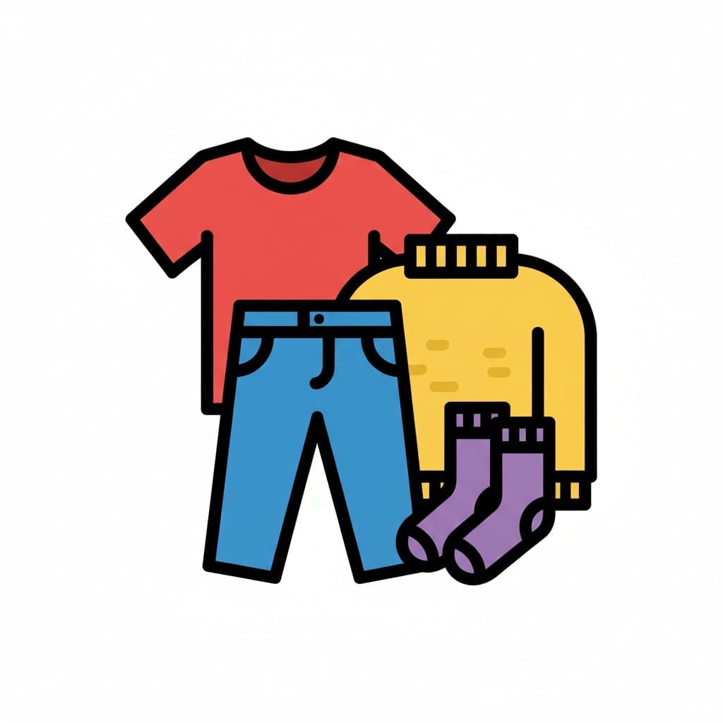 Een selectie kleren met een rood T-shirt, een blauwe spijkerbroek, een gele trui en paarse sokken.