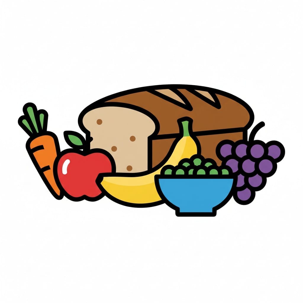 Een assortiment eten met brood, een wortel, een appel, een banaan, druiven en een kom.