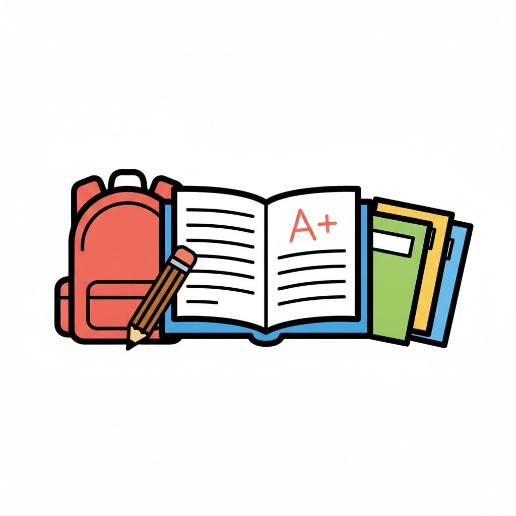 Ein Rucksack, ein aufgeschlagenes Buch mit A+, ein Stift und Mappen.