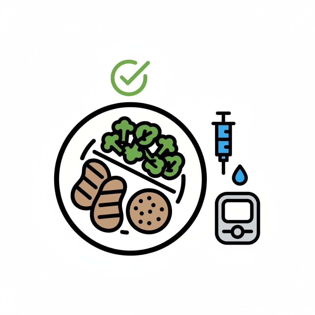 Een bord met een evenwichtige maaltijd naast een bloedsuikermeter en een spuit.