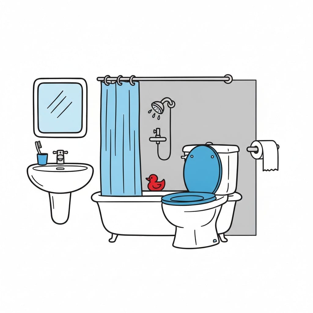 Een badkamer met een spiegel, een wastafel met een tandenborstel, een bad achter een blauw douchegordijn, een douche, een wc en een rol wc-papier.