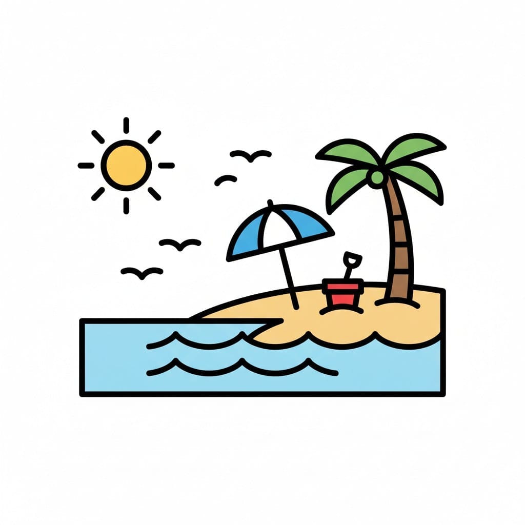Een klein eiland met een palmboom, een parasol en een emmertje, omringd door blauwe zee.