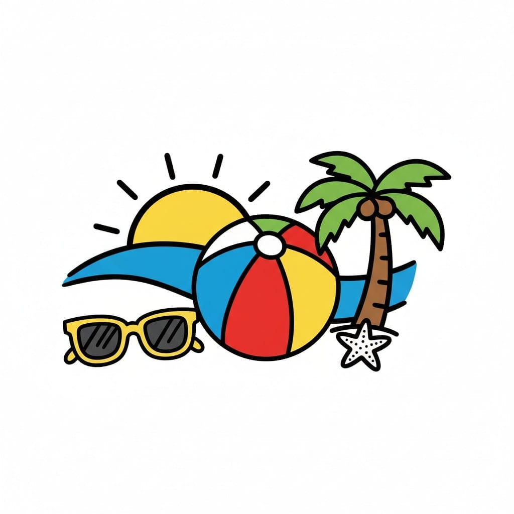 Sunglasses, a sun hat, a beach ball, a palm tree and a starfish in front of a shining sun.